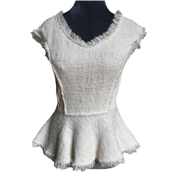 Rebecca Taylor Blouse 4 Tweed Leather‎ Peplum Coquette Old Money Luxury $350 - Picture 7 of 16